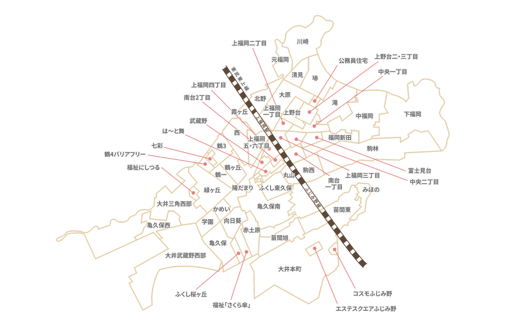 ふじみ野市内の社協支部の位置を示すマップ