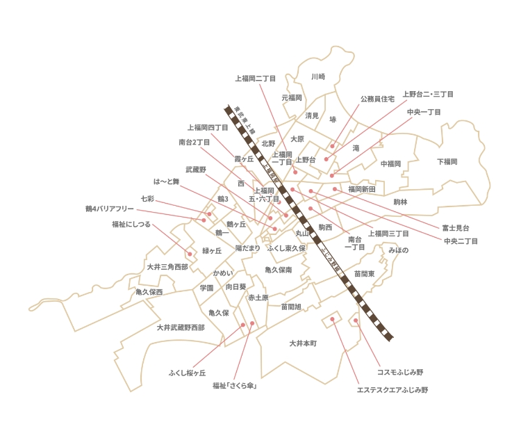 ふじみ野市内の社協支部の位置を示すマップ